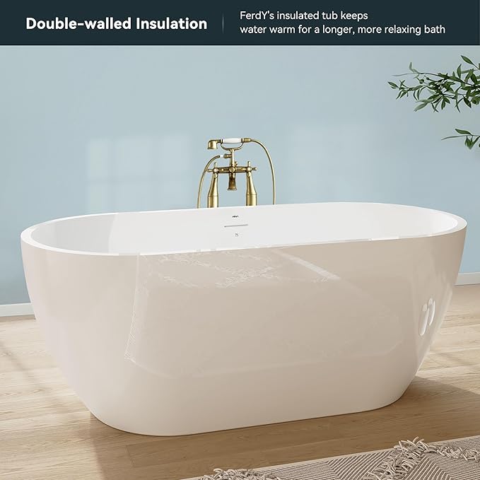 FerdY Bali 59" Acrylic Freestanding Bathtub, Gracefully Shaped Freestanding Soaking Bathtub with Brushed Nickel Drain & Minimalist Linear Design Overflow, Glossy White, cUPC Certified