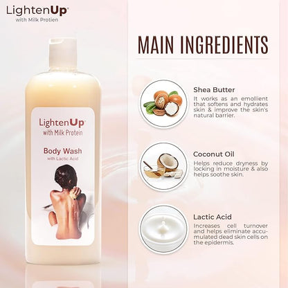 Lighten-Up LightenUp Lactic Acid Body Wash - 33.8 Fl oz / 1000 ml - Exfoliating Shower Gel, with Shea Butter and Coconut Oil, For All Skin Types