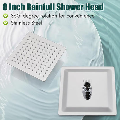 Heyalan 8 Inch Shower Head and Handle Set Square Shower Faucet Set Bathroom Rainfall Shower System Stainless Steel Showerhead Single Function Shower Trim Kit,Female Thread Valve,Polished Chrome