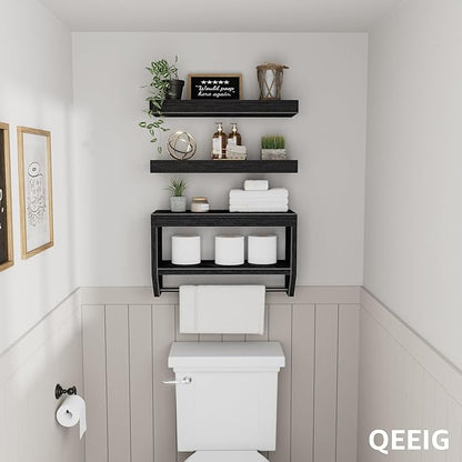 QEEIG Bathroom Floating Shelves for Wall - Shelf Over Toilet Paper Storage Farmhouse 16 inch Set of 3, Black (028-40B3)