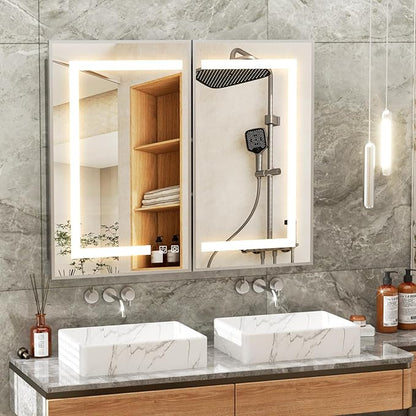 APRILSOUL 40X32 Inch Silver Bathroom Medicine Cabinet with Mirror, Recessed or Surface Lighted Medicine Cabinet with 3 Colors Temperature, Dimmable Light