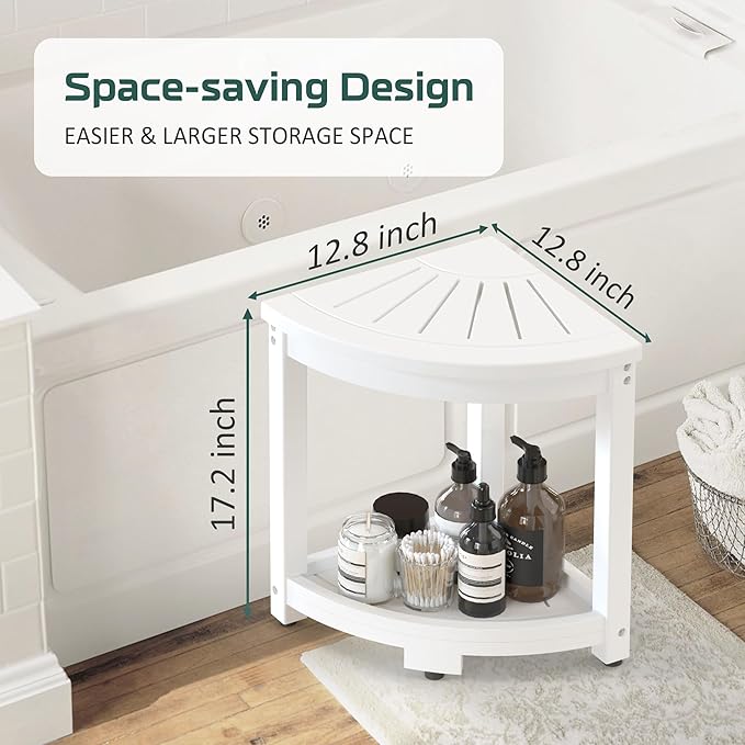 Waterproof Corner Shower Stool for Inside Shower, Poly Lumber Shower Bench Seat Chair, Bath Shower Stool for Shaving Legs Foot Rest with Storage Shelf, Adjustable & Non-Slip Feet, White
