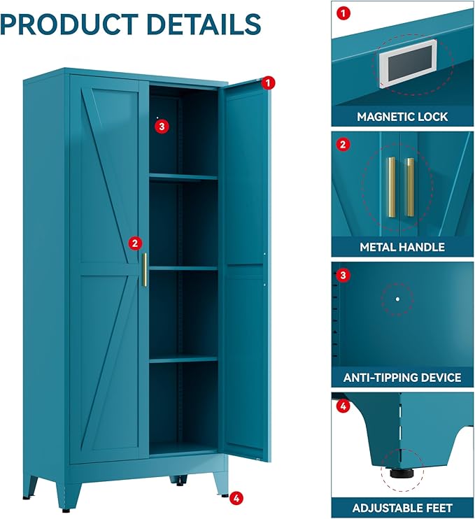 Metal Cabinets with Barn Doors and Adjustable Shelves,61" Tall Storage Cabinet,4-Tier Storage Cupboard for Kitchen,Dining Room,Garage,Bathroom,Blue
