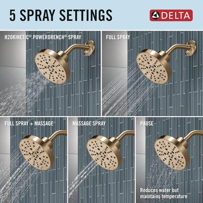 Delta Nicoli 14 Series H2Okinetic Shower Faucet Set, Brushed Gold Shower Head and Handle Set, Valve Trim Kit, Champagne Bronze 142749-CZ (Shower Valve Included)