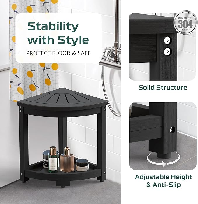 Waterproof Corner Shower Stool for Inside Shower, Poly Lumber Shower Bench Seat Chair, Bath Shower Stool for Shaving Legs Foot Rest with Storage Shelf, Adjustable & Non-Slip Feet, Black