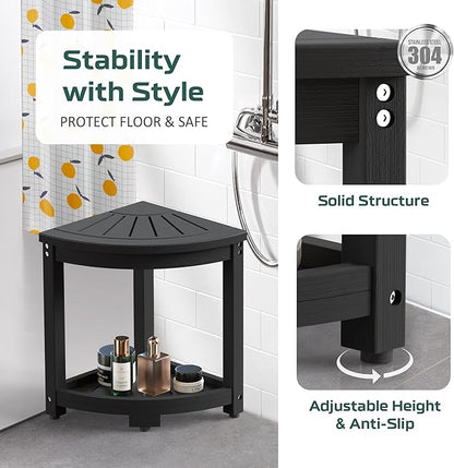 Waterproof Corner Shower Stool for Inside Shower, Poly Lumber Shower Bench Seat Chair, Bath Shower Stool for Shaving Legs Foot Rest with Storage Shelf, Adjustable & Non-Slip Feet, Black