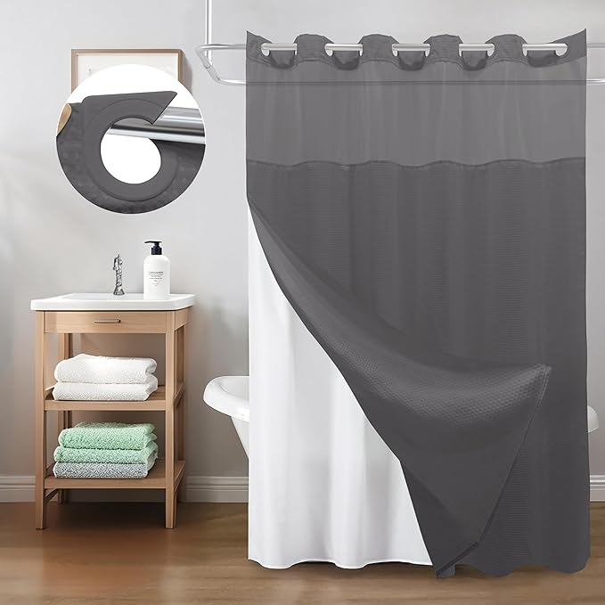 Inhousolu Long No Hook Shower Curtain with Snap in Fabric Liner Set Waffle Weave 230GSM Weighted Hem, Waterproof & Washable Bathroom Curtain Spa Luxury with Mesh Top Window 72"W x 78"L Graphite Grey