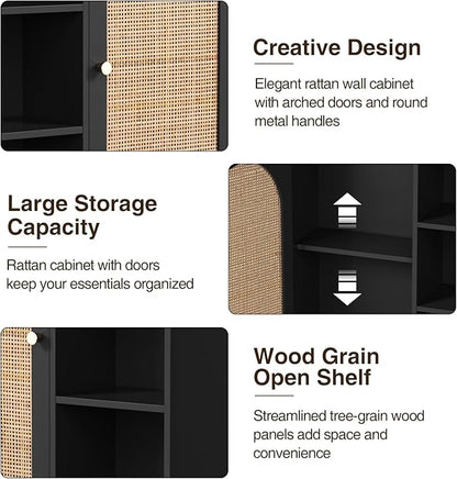 Rattan Bathroom Wall Cabinet, Boho Medicine Wall Cabinets with Door and Adjustable Shelves, Tall Kitchen Wall Mounted Storage Cabinet, Floating Hanging Cabinet Space Saver for Laundry Room,Black