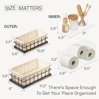 BAOBAB WORKSHOP Set of 2 Metal & Wooden Basket with Liners - Bathroom Basket Organizer & Kitchen Storage Decor - Toilet Paper Baskets for Back of Toilet Tank Tray Topper