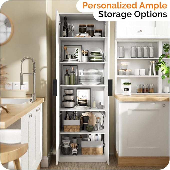 VINGLI 70" Modern Pantry Cabinet with Fluted Doors, 5 Adjustable Shelves, Tall Storage Solution for Kitchen, Dining Room, or Living Room, White