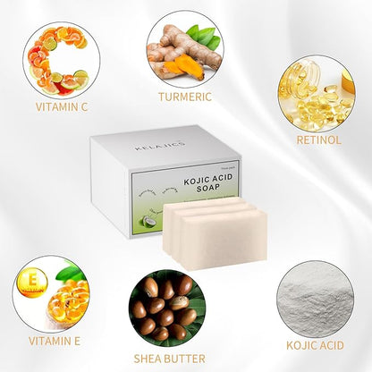 Kojic Acid Soap Bars with Retinol, Collagen, Vitamin C, Fresh Coconut Scent for Face and Body, Moisturizes, Smooth and Evenly Radiant (3 Pack)
