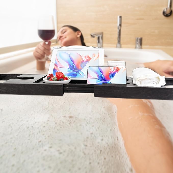 Utoplike Bamboo Bathtub Tray Caddy, Black Bath Tray Table for Tub, Adjustable Bathroom Organizer with Book Tablet Wine Glass Cup Towel Holder