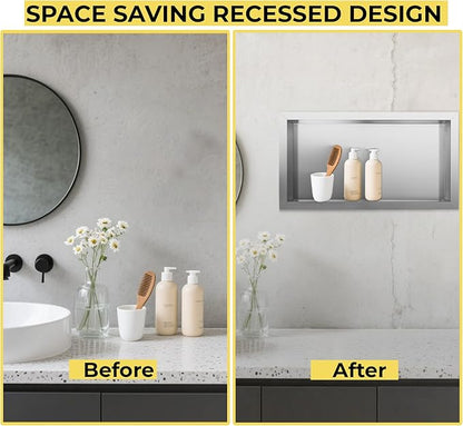 Stainless Steel Shower Niche No Tile Needed Recessed, 24" x 12" Recessed Wall Niche Shelf for Bathroom Storage Silver