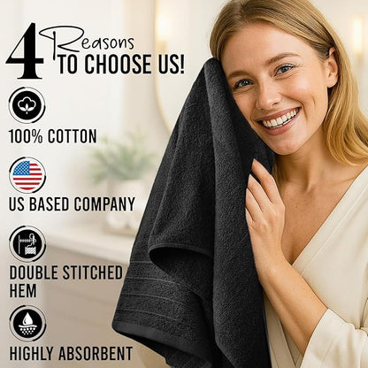 DAN River Extra Large Bath Towels Set of 4, 30 x 60 Inches - 100% Cotton Larger & Lighter Weight Towels for Bathroom - Quicker to Dry, Super Soft & Highly Absorbent Towels for Home, Black