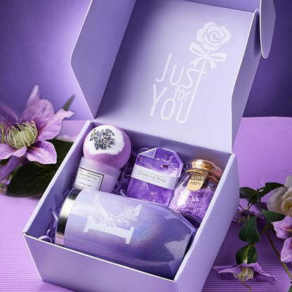 Gifts for Women, Mom, Wife, Girlfriend, Sister, Friends, Her - Unique Birthday, Christmas, Valentine's Day, Mothers Day Gifts - Initial Lavender Spa Gift Basket Set (K)