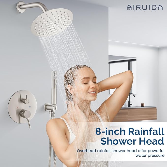 Airuida Shower Fixtures 2 Functions Shower Faucet Set Wall Mounted for Bathroom High Pressure Brass Handheld Shower with Rough-in Valve Round Rainfall 8 Inch Shower Head Brushed Nickel