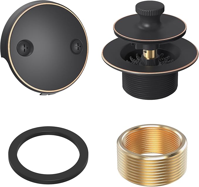 Oil Rubbed Bronze Tub Drain Trim Set Conversion Kit Assembly，All Brass Lift & Turn Bathtub Drain Replacement Trim Kit with Two-Hole Overflow Faceplate and Universal Fine/Coarse Thread