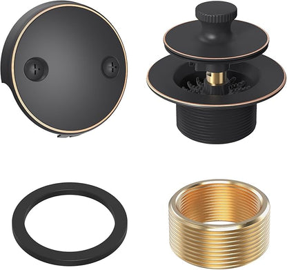 Oil Rubbed Bronze Tub Drain Trim Set Conversion Kit Assembly，All Brass Lift & Turn Bathtub Drain Replacement Trim Kit with Two-Hole Overflow Faceplate and Universal Fine/Coarse Thread
