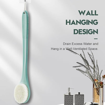Back Scrubber for Shower, Shower Body Brush for Cleaning with Long Handle for Showering, 17 Inch Back Washer Exfoliator for Shower Men Women with Non-Slip Handle, Adhesive Hook (Pea Green)