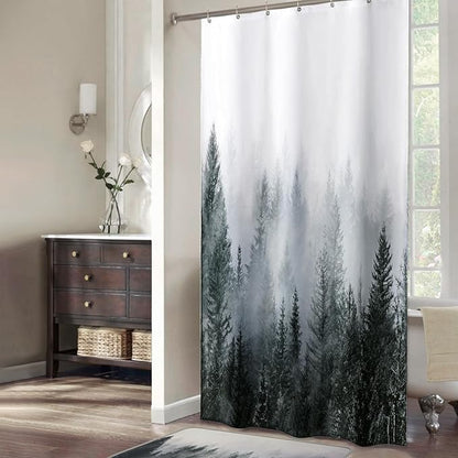 ORTIGIA 36x72 Misty Forest Stall Shower Curtain for Small Bathroom, Dark Green Half Size Narrow Nature Woodland Shower Curtain Set with Hooks, Waterproof Fabric Pine Tree Fog Magic Home Bath Curtain