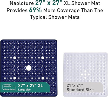 Large Navy Blue Square Shower Mat Non Slip 27 x 27 Inch, Soft Bath Mat Tub Mat for Inside Shower Floor, Bathroom Shower Stall Mats with Big Suction Cups Drain Holes, Easy Washable, BPA-Free