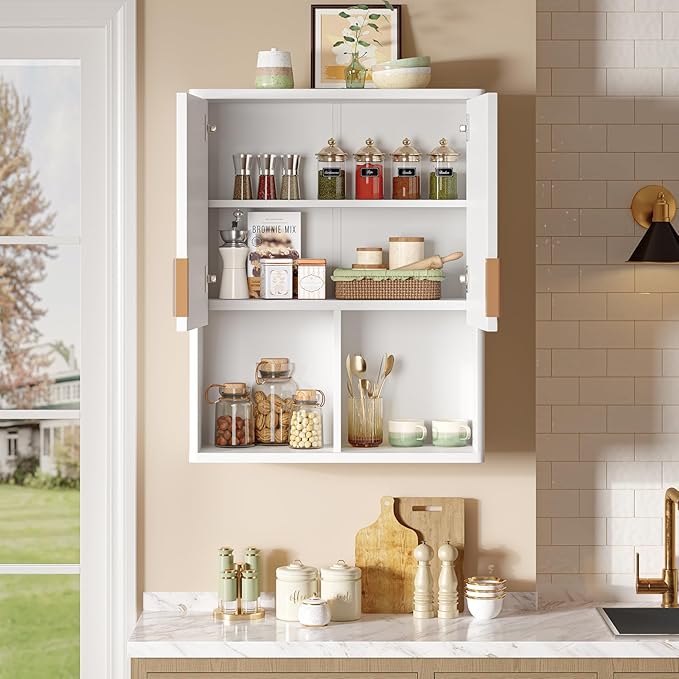 Bestier Fluted Bathroom Wall Cabinet Over The Toilet Storage, 23"x 29" Medicine Cabinet with Adjustable Shelf, Laundry Cabinet Wall Mounted and Kitchen Storage Cabinet(Glossy White)