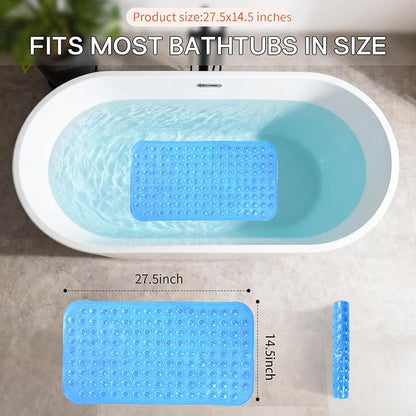 Anti-Slip Bathtub Shower mat, 27.5×14.5（Approximately 70×37cm） inch Soft Oversized Machine Washable Non-Slip Bathtub mat with Drainage Holes, Bathroom Floor Suction Cup.（1-Clear Blue）