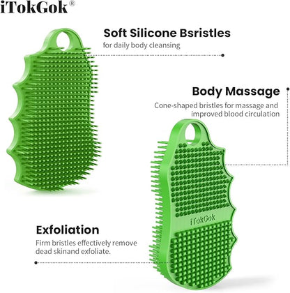 Silicone Body Scrubber Silver-Infused Dual-Sided 3-in-1 for Shower, Body Cleaning+Massage+Exfoliator Body Brush Buffer for Men and Women, Silicone Loofah, Non-Slip Handle (Green)
