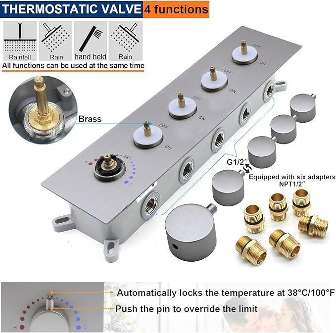 Thermostatic Shower System Three Shower Heads with 16" Ceiling Mounted Rain Shower Head & 2 x 6" Wall Mounted Head 4 Function Shower System Can All Run Together, Brushed Nickel