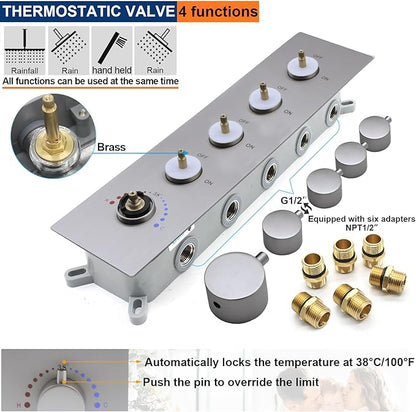 Thermostatic Shower System Three Shower Heads with 16" Ceiling Mounted Rain Shower Head & 2 x 6" Wall Mounted Head 4 Function Shower System Can All Run Together, Brushed Nickel