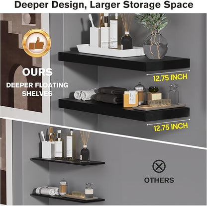 Floating Shelf, Set of 3 Wall Shelf, 24 in W x 12.75 in D x 2 in H Wooden Floating Wall Shelf with Invisible Brackets for Living Room/Bedroom/Bathroom/Kitchen Storage and Decor, Black