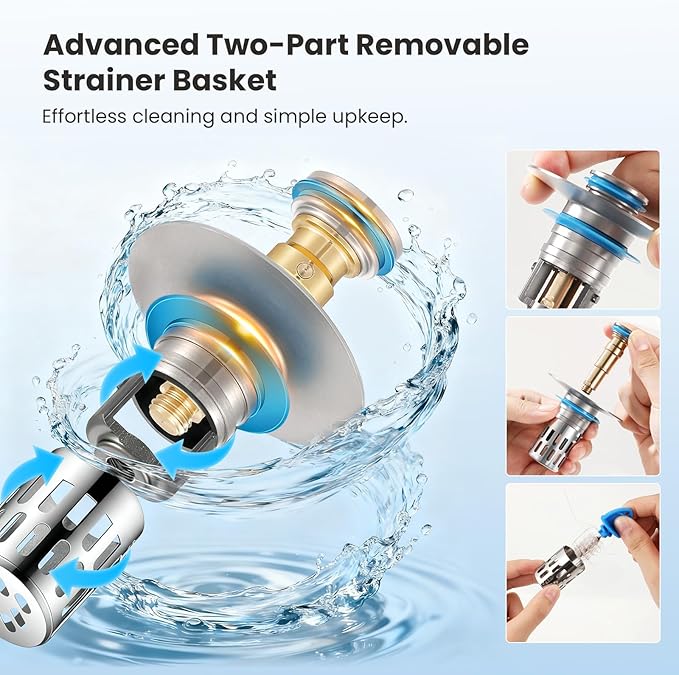 Universal Bathroom Sink Stopper, Pop Up Sink Drain Strainer Plug with Removable Stainless Steel Filter Basket Hair Catcher,Brass Body,Bathroom Bathtub Drain Stopper(2 PCS),Brushed Silver