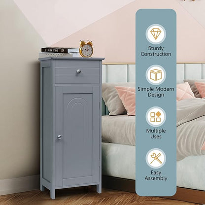 COSTWAY Bathroom Storage Cabinet, Single Door Floor Cabinet with Drawer and 3-Level Adjustable Shelves, Modern Side Storage Organizer with Anti-Tipping Device for Living Room, Bedroom (Gray)