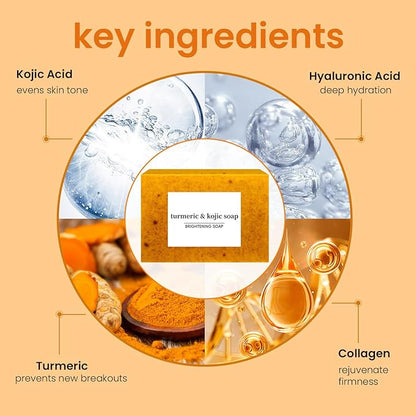 Kojic Acid Soap, Turmeric Soap Bar for Dark Spot Removal, Natural Turmeric Handmade Soaps for Face and Body, Organic Use Skin Care Soaps, Deep Cleans the Skin and Provides More Moisturizing (2Pcs)