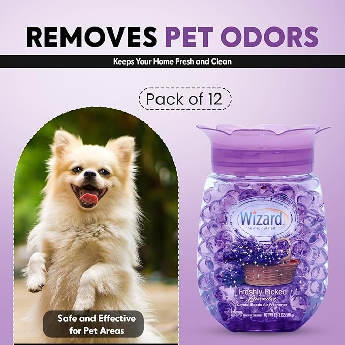 12 WIZARD Odor Eliminator Gel Beads - 12 oz, Air Freshners For Bathroom, Rooms, Per Areas and Car Freshner - Freshly Picked Lavender