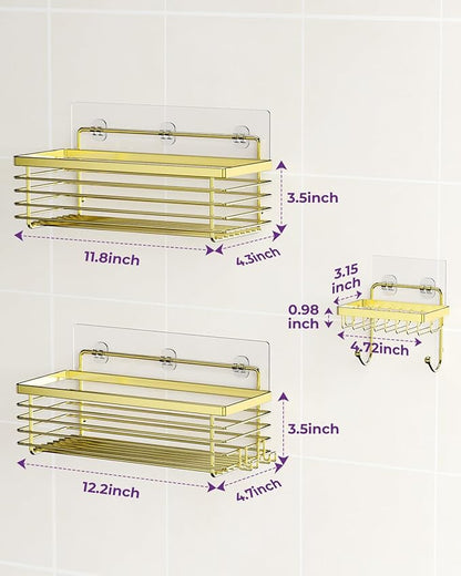 ODesign Shower Caddy 3 Pack SUS304 Stainless Steel-No Drilling-Shower Bathroom Shelves Rack,Rustproof Wall Mounted,Adhesive Shower Shelf Basket Organizer-Golden