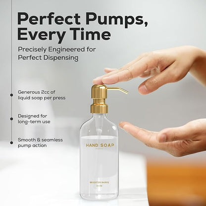 Luxury Glass Soap Dispenser Set by Brighter Barns - Hand and Dish Soap Dispenser for Kitchen Sink - Refillable Glass Bottles with Stainless Steel Pumps - Modern Gold Kitchen Decor & Accessories (Gold)