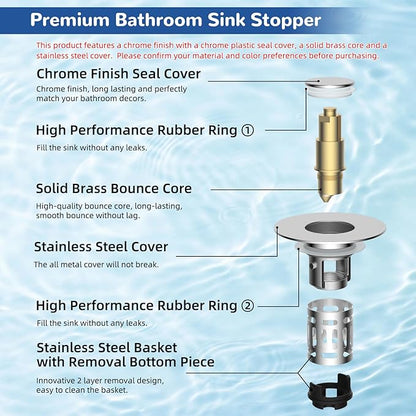 Hibbent 2 Pack 3 in 1 Bathroom Sink Drain Strainer, Universal Pop Up Stopper with Removable Stainless Steel Filter Basket Hair Catcher, Sink Plug for 1.1''~2.36'' Basin, Brass Bullet Core, Chrome