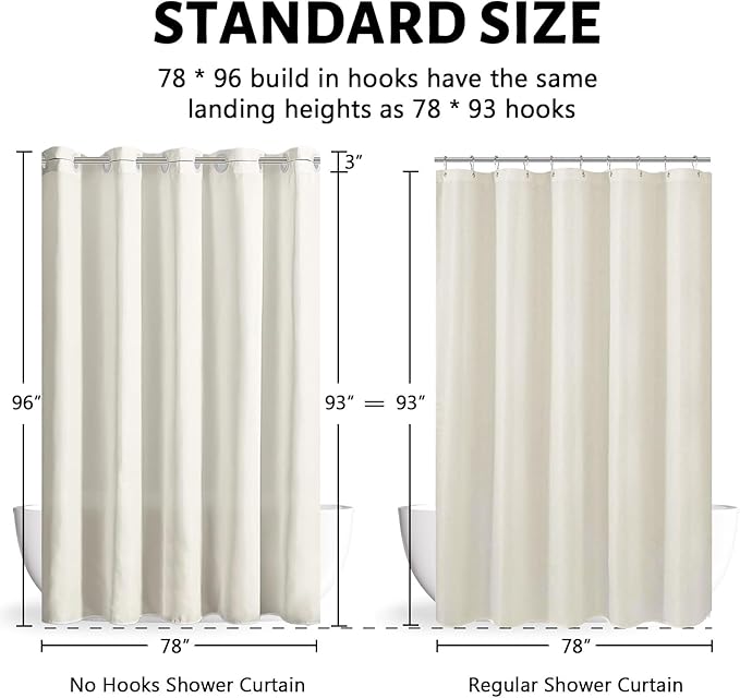 Furlinic Extra Long Shower Curtain 96 Inch Length,No Hook Polyester Fabric Bathroom Curtains,10 Plastic Split Grommets,Waterproof & Machine Washable,Beige,78x96 Inches