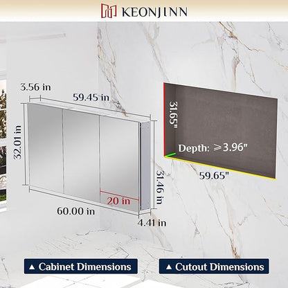 Keonjinn 64 x 32 Inch Medicine Cabinet, Assembly Required, White Bathroom Medicine Cabinets Mirror, Lightweight, Adjustable Shelves, Surface Mount or Recessed, Tempered Glass