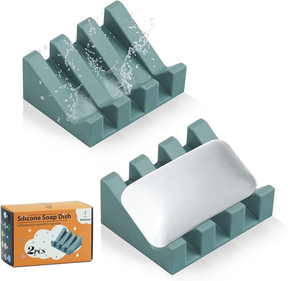Silicone Soap Dish for Bar Soap Holder for Shower Bathroom Self Draining Waterfall Drying Tray Keep Soap Bars Dry Clean & Easy Cleaning (Green, 2)