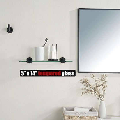 JQK Bathroom Glass Shelf Black, Tempered Glass Shower Storage 14 by 5 inches, 304 Stainless Steel Matte Black Wall Mount, TGS101L14-PB