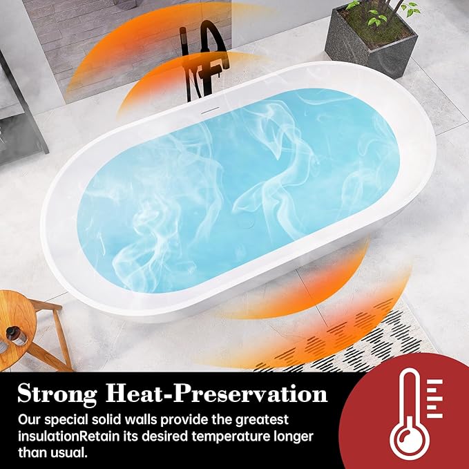 59'' Freestanding Tubs Bathtub Bathroom Solid Surface Resin Stone Bathtubs soaker Tubs Oval Shaped Matte Luxury Modern Soaking Tub with Overflow and Pop-up Drain - White
