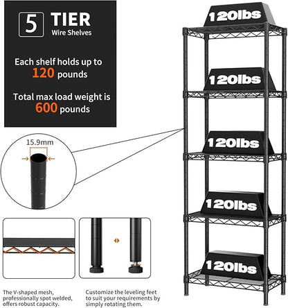 Small 5 tire Shelves Storage Wire Shelving Unit Metal Shelf Adjustable Organizers Storage Shelving for Bathroom Laundry Room Kitchen Pantry10”D x 16”W x 55”H Black