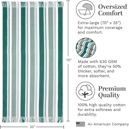 Laguna Beach Textile Co. Striped Cabana Beach Towel - Oversized, Plush 630 GSM Cotton - Palm Green