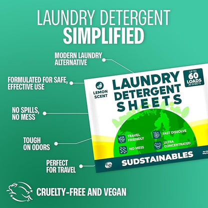 Sudstainables Laundry Detergent Sheets 60 Loads – Dissolvable Laundry Sheet for Washing Machines, Compact Alternative to Liquid & Powder Detergent, Travel-Friendly Soap | Lemon