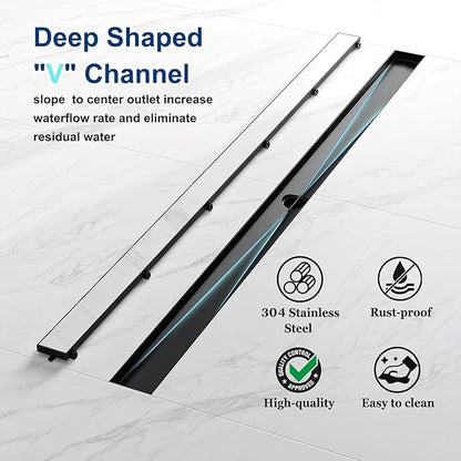 Neodrain 54-Inch Linear Shower Drain with Tile Insert Grate, Matte Black 304 Stainless Steel Rectangle Shower Floor Drain, Linear Drain with Leveling Feet, Hair Strainer