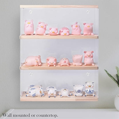 Choowin 3 Layer Wall Shelf Clear Acrylic Display Case for Collectibles, Mini Figures, Pop Mart, Labubu, Sonny Angel, Smiski - Assemble Dustproof Acrylic Display Box with Sliding Door (Wood)