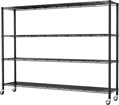 4 Tier Storage Racks Shelving, Heavy Steel Pantry Shelves, Adjustable Wire Shelving Rack with Wheels, Suitable for Garage, Kitchens, Offices, 59" W x 23.6" D x 75.6" H, Black