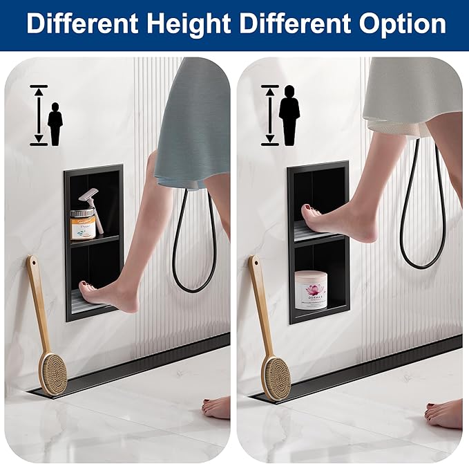 Shower Foot Rest for Shaving Legs, 304 Stainless Steel Footrest Niche with Shaving Holder, Recessed Shower Niche for Shaving Legs, Matte Black, 5.9" X 12.3"